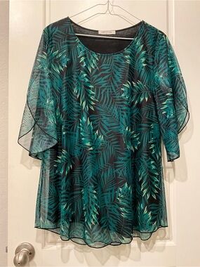 Sheer Teal Palm-Print Tunic Top by Star Code